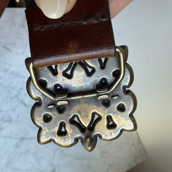 Y2K Brown Leather Belt Floral Rhinestone Buckle Blue Green Western Boho USA Made main image 7